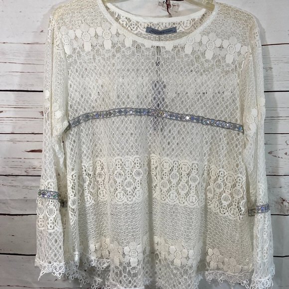 Arrianna By Howard's Tops - Arrianna by Howard's Ivory Sheer Lace Long Sleeve Top Women's Size Small Medium